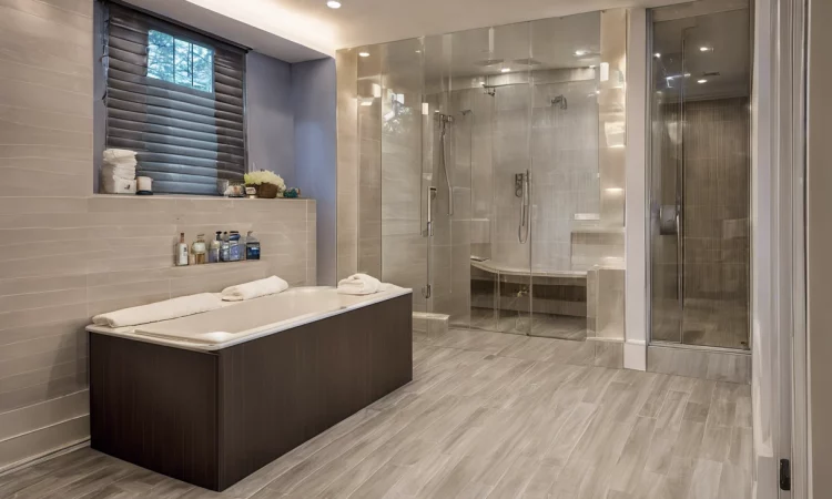 A remodeled bathroom with a glass enclosed shower room, toilet area, and a freestanding bathtub