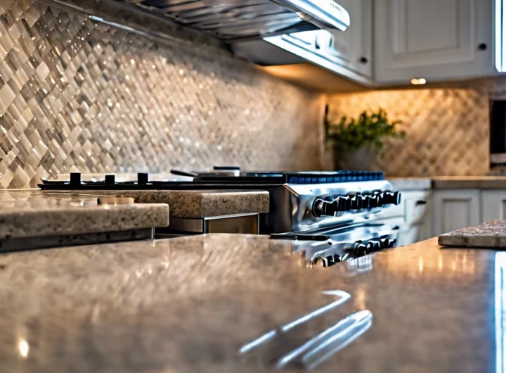 A kitchen with tile backsplash and granite countertops